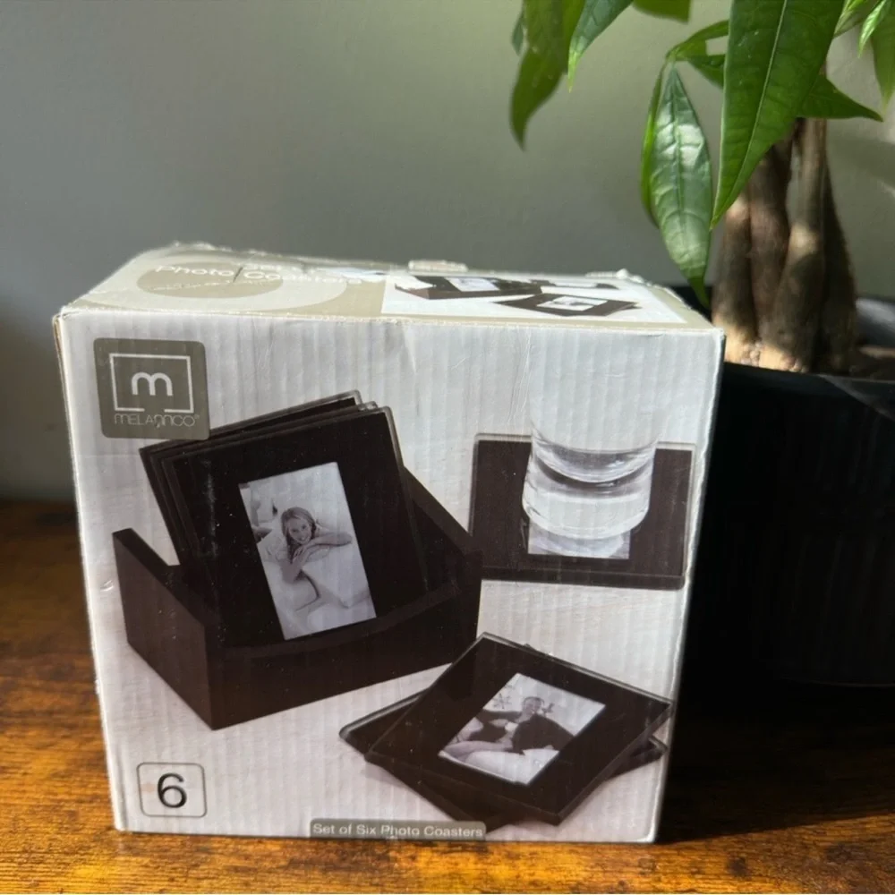 Melannco‎ 6 Piece Glass Photo Coaster Set - Black Wood Holder - Holds 2x3 Photos